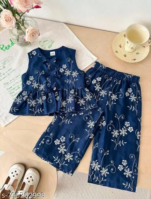 Floral Rayon Co-Ord Set for Girls (Navy Blue, 6-7 Years)
