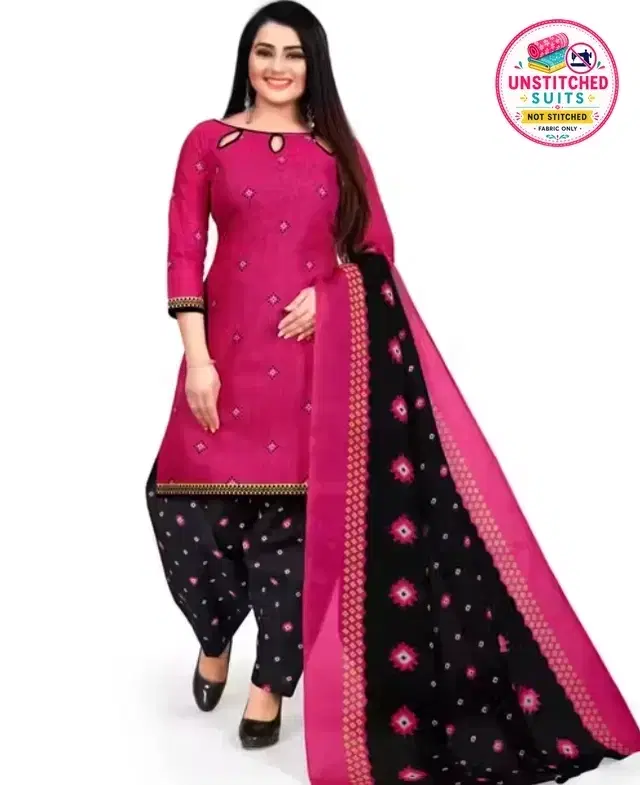 Cotton Blend Printed Unstitched Suit for Women, Pink (Black)