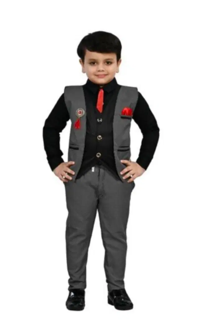 Cotton Ethnic Top with Bottom & Waistcoat Set for Boys (Black, 18-24 Months)