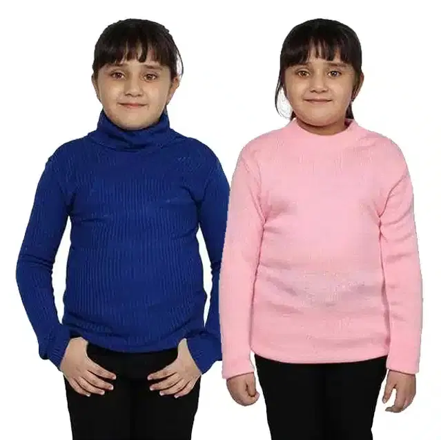 Full Sleeves Solid Sweater for Girls, Pack of 2 (Blue & Pink, 0-3 Months)