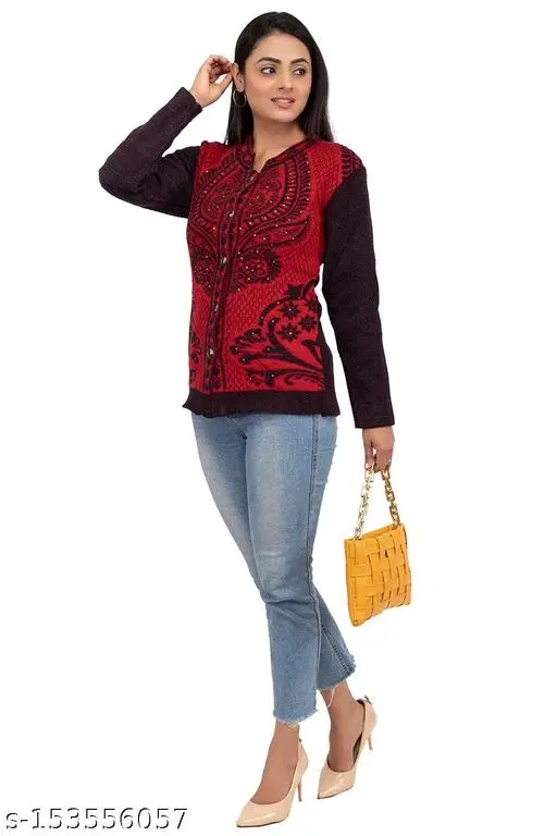 Woolen Sweater for Women (Red & Black, L)