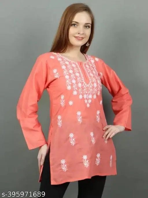 Cotton Chikankari Short Kurti for Women, Pink (S)