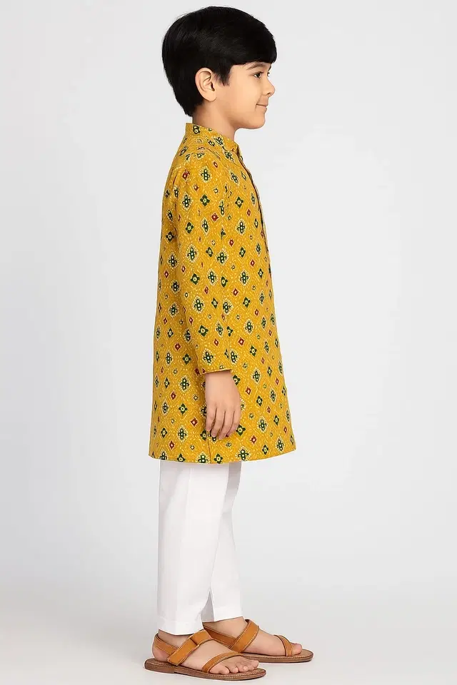 Cotton Blend Printed Kurta with Payjama for Boys, Yellow & White (0-3 Months)