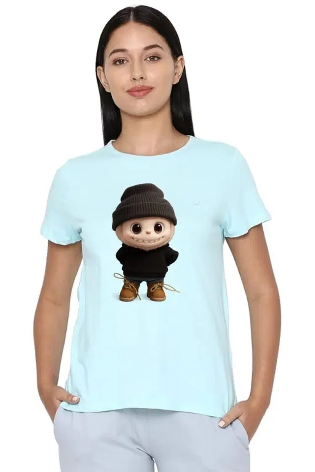 Cotton Blend Printed T-shirt for Women, Aqua Blue (L)