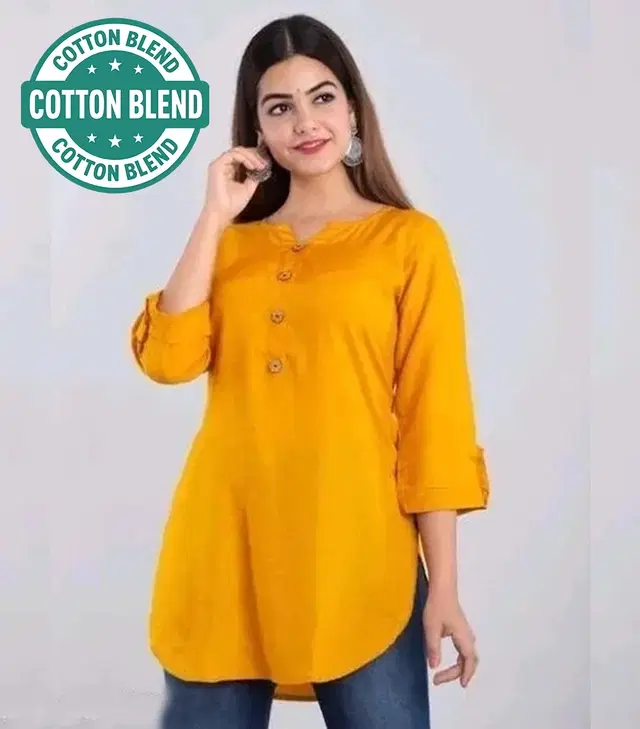Cotton Blend Solid Short Kurti for Women, Yellow (S)