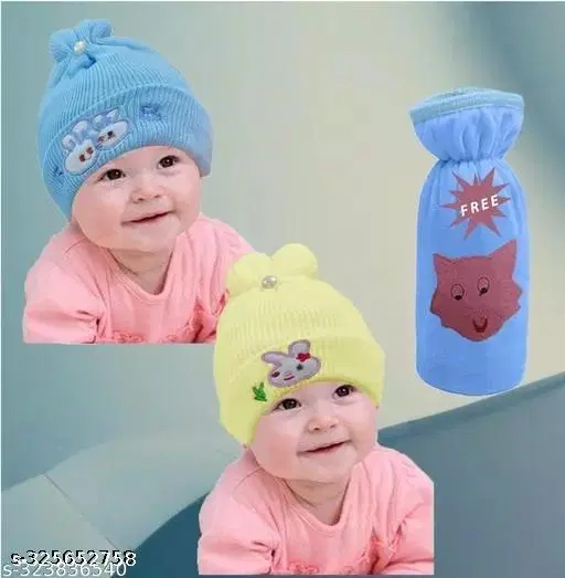 Solid Cap with Bottle Cover for Baby, Set of 3 (2 Pcs) (Multicolor)