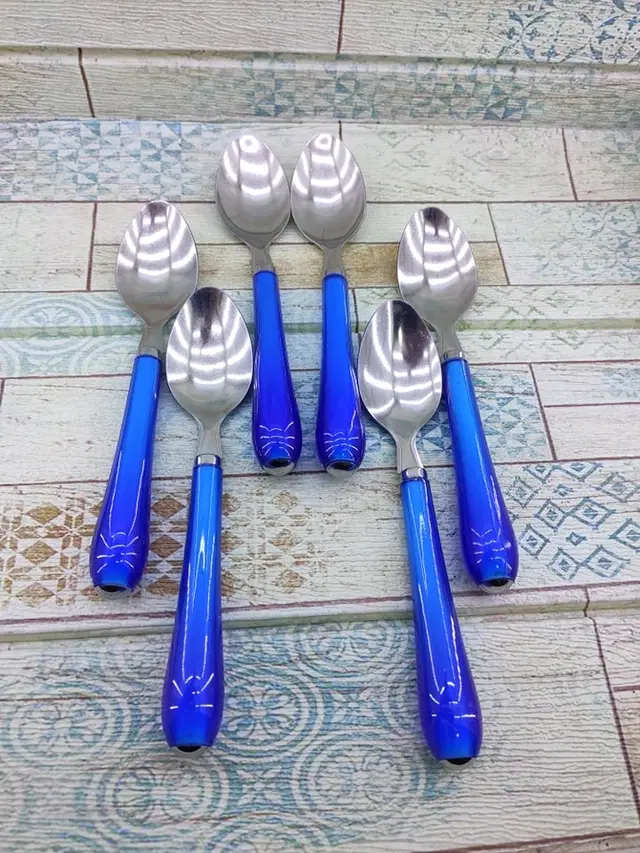 Stainless Steel Spoons, Blue & Silver, Pack of 6