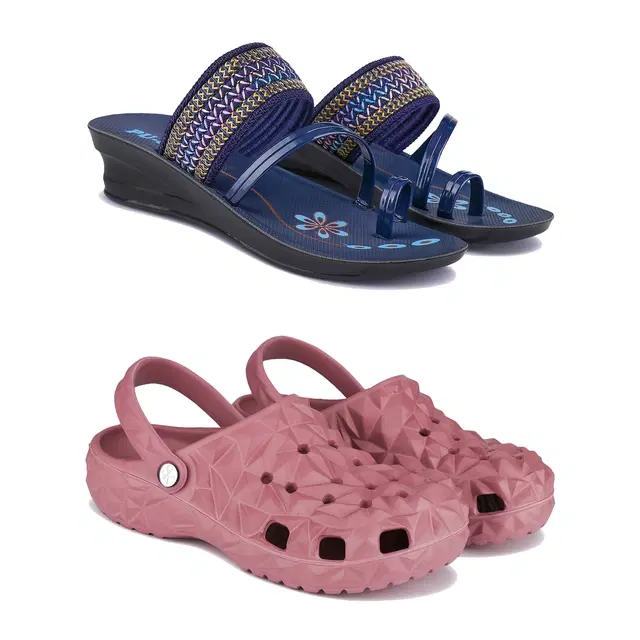 Combo of Sandals & Clogs for Women, Pack of 2 (Blue & Pink, 5)