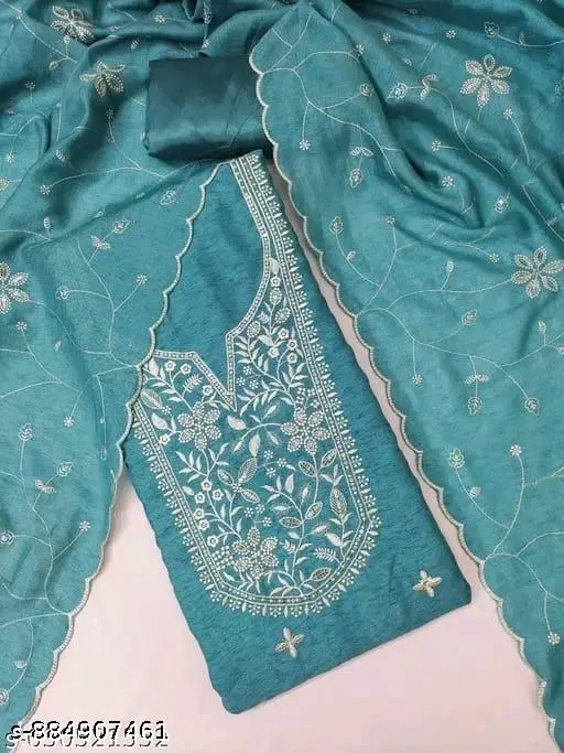 Vichitra Silk Embroidered Punjabi/All Over Suits for Women (Green, Un Stitched)