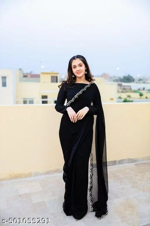 Georgette Embellished Saree For Women, Black