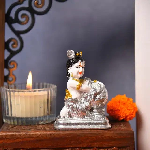 Bal Krishna Idol, Silver & White, 4 inches