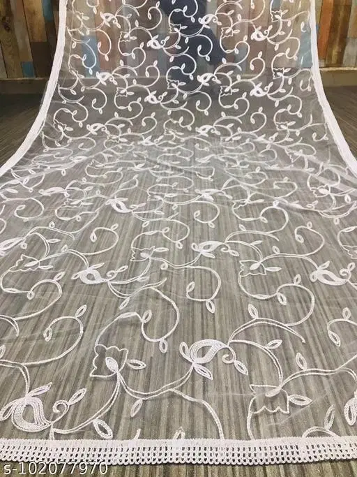Embroidered Punjabi Net Botanical Sewing & Embroidery (White, Free Size)