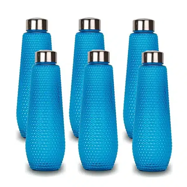 Airtight Plastic Water Bottle with Lid, Blue, 1000 ml, Pack of 6