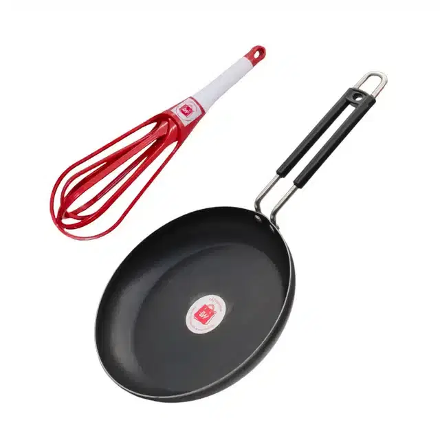 Frying Pan & Plastic Whisker, Pack of 2, Red & Black, 1000 ml