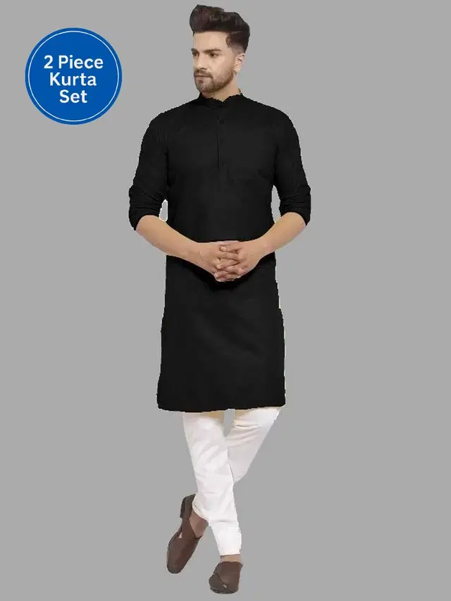 Cotton Blend Solid Kurta with Pyjama Set for Men, Black & White (M)