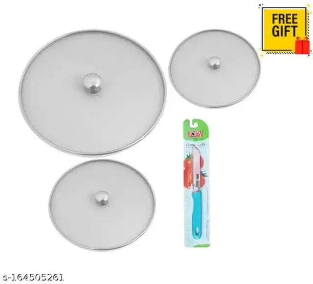 Stainless Steel Net Lids, 3 Pcs with Kitchen Knife, Blue & Silver, Set of 4
