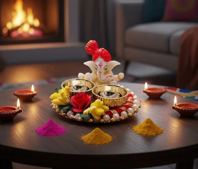 Metal Decoretive Pooja Thali, Multicolour Pack of 1