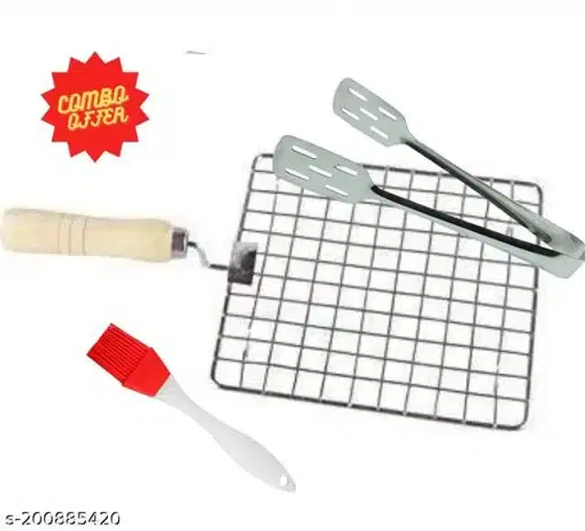 Stainless Steel BBQ Grill with Oil Brush & Cooking Tong, Red & Silver, Set of 3