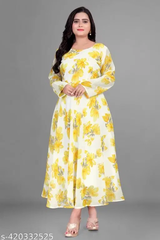 Georgette Printed Gown for Women (Yellow, S)