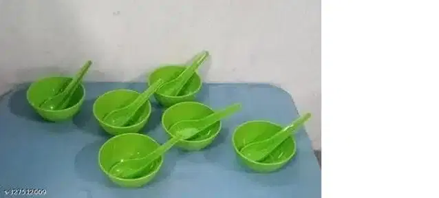 Plastic 6 Pcs Bowls, 250 ml with 6 Pcs Spoons, Green, Set of 2