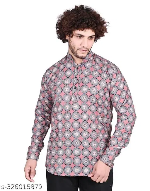Cotton Blend Printed Short Kurta for Men, Multicolor (M)