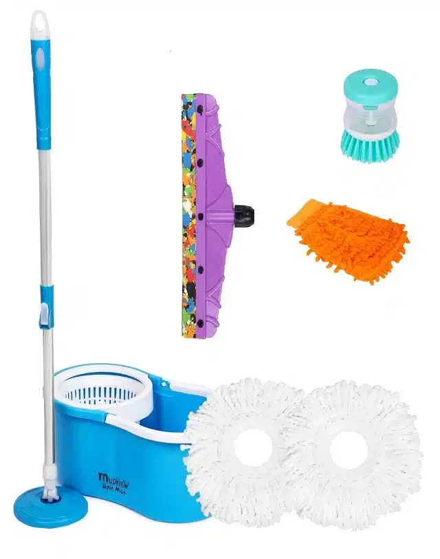 PVC Magic Spin Bucket Mop with 2 Refill & Cleaning Accessories Set, Blue, Set of 4