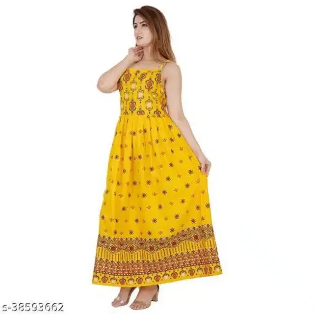 Cotton Printed Gown for Women (Yellow, XS)