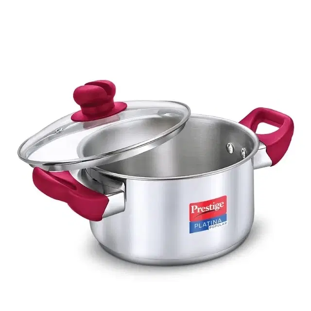 Prestige Platina Popular Stainless Steel Gas And Induction Compatible Casserole With Glass Lid, 200 Mm, 3 L