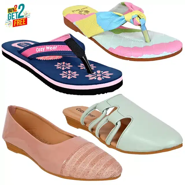 Bellies with Slippers for Women, Set of 4 (2 Pairs) (2 Pairs) (Multicolor, 6)