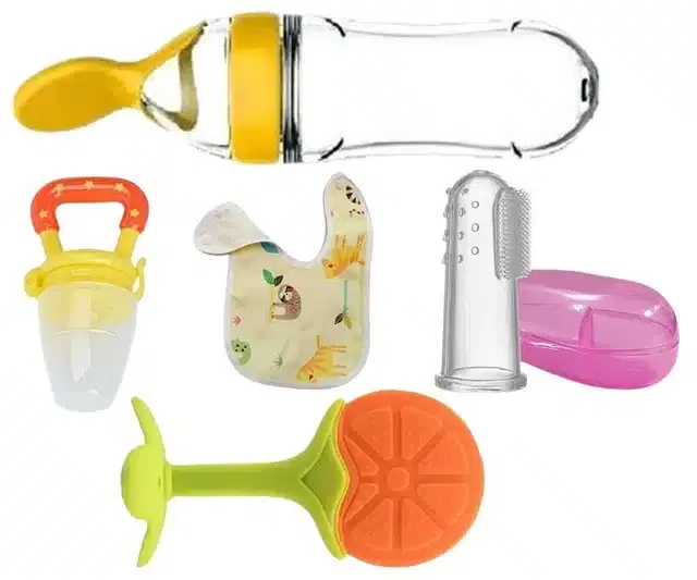 Silicone Fruit & Food Feeder, Bid, Teether with Finger Toothbrush for Kids, Multicolor, Set of 5