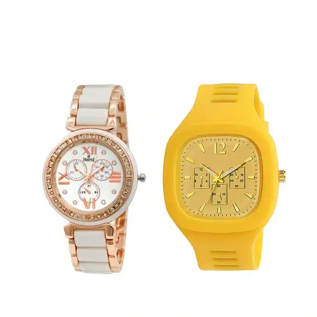 Analog Watch for Men & Women, Pack of 2 (Grey & Yellow)