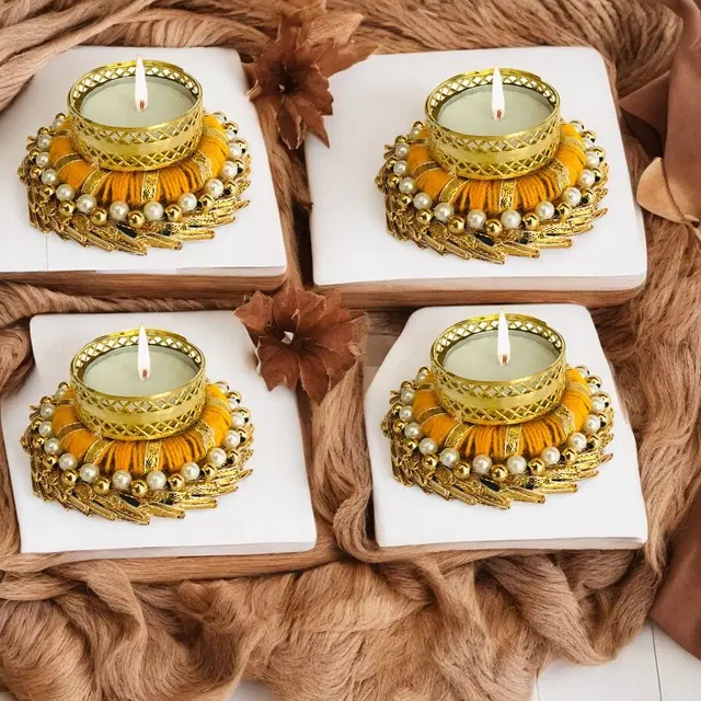 Metal Designer Tealight Candle Holder, Yellow, 8.5x8.5x3.5 cm, Pack of 4