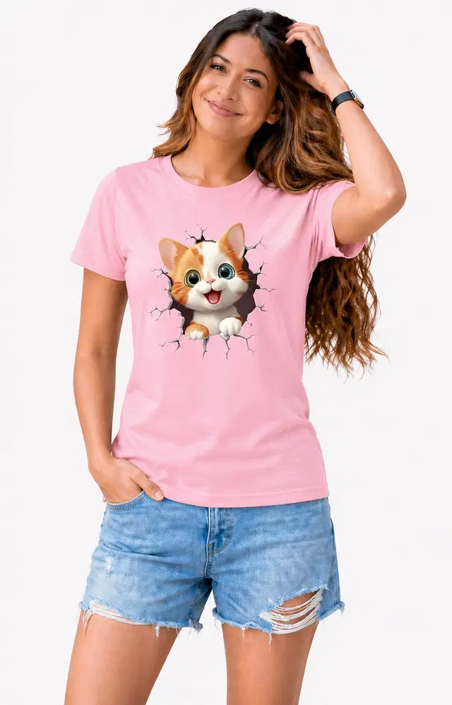 Cotton Blend Tshirts for Women (Pink, S)