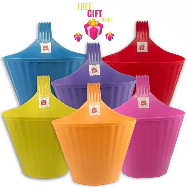 Plastic Hooked Railing Flower Pots with Free Gift, Multicolor, Pack of 7