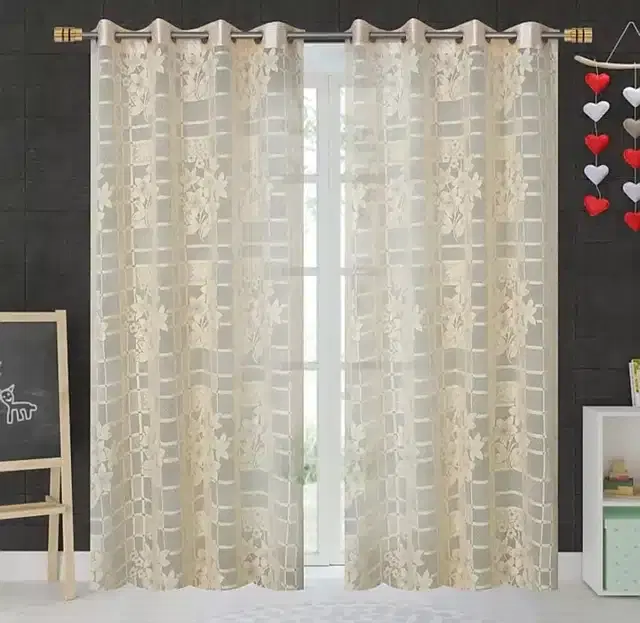 Polyester Embroidered Door & Window Curtains, Pack of 2, Cream, 5 feet