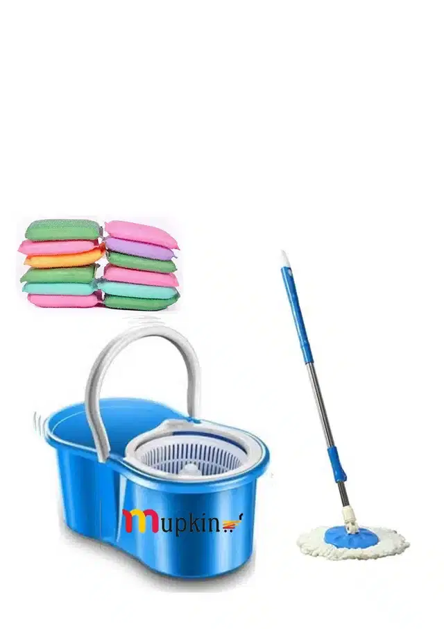 PVC Magic Spin Bucket Mop with 12 Scrubber Set, Blue, Set of 2