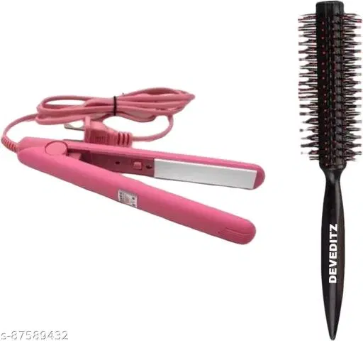 Mini Hair Straightner + Round Hair Brush Comb Personal Care Appliance Combo