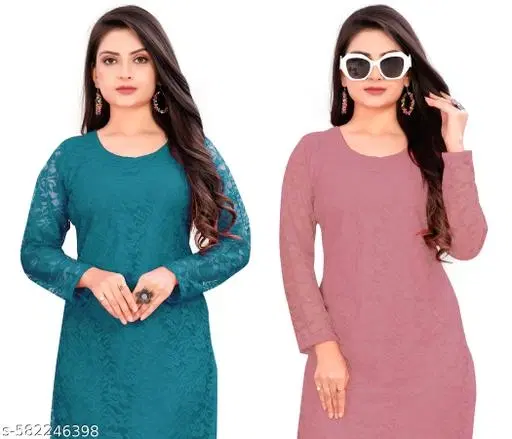 Net Kurti for Women, Pink & Teal, Pack of 2 (S)