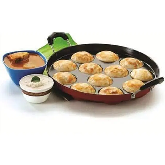 ZODEX 12 Cavities Non Stick Appam Patra with Lid and Side Handle, Multicolor, 21 cm