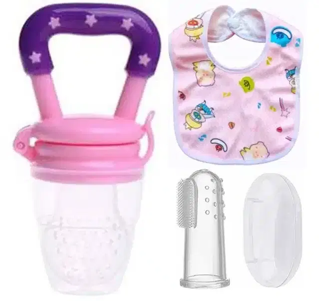 Silicone Fruit Feeder with Finger Brush & Bib for Kids, Multicolor, Set of 3