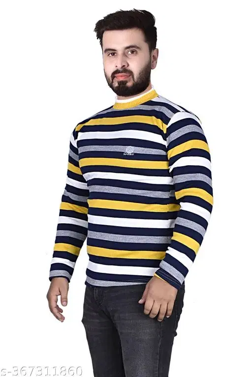 Woolen Striped Sweater for Men (Yellow, M)