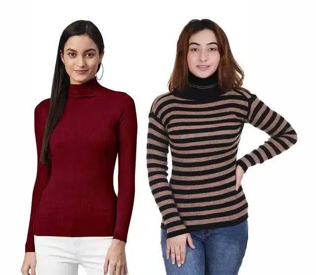 Full Sleeves Solid Sweater for Women, Pack of 2 (Maroon & Brown, M)