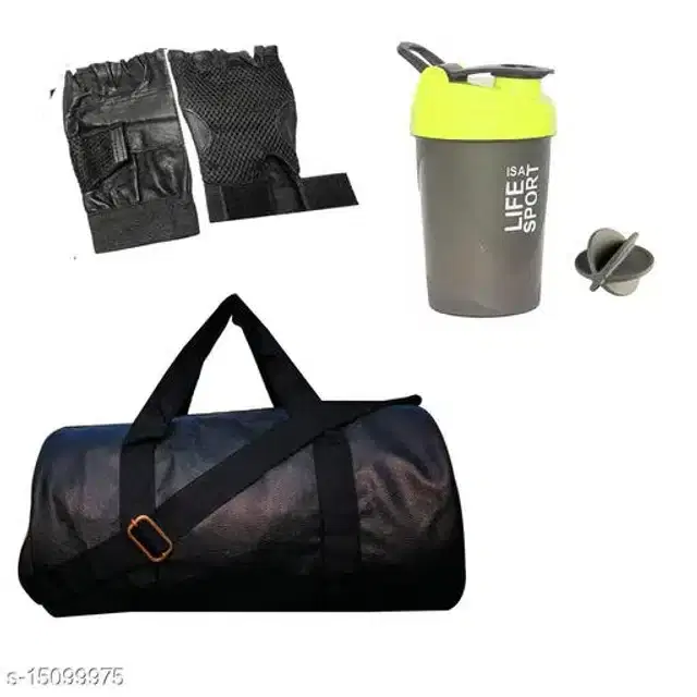 Combo of Gym Bag with Shaker Bottle, 400 ml, Gloves, Multicolor, Set of 3