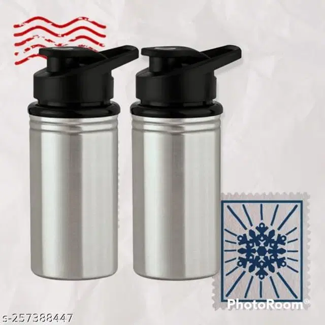 Stainless Steel Sports Water Bottles, Pack of 2, Silver, 500 ml