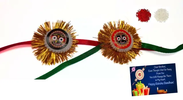 Synthetic 2 Pcs Rakhi with Greeting Card & Roli Chawal (Multicolor, Set of 1)