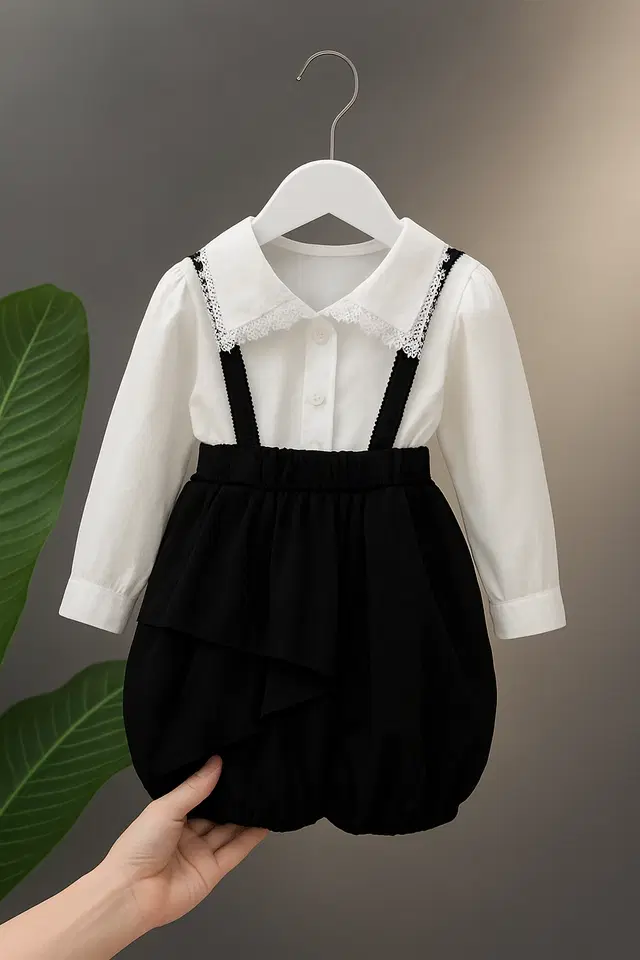 Crepe Solid Dungarees for Girls, White & Black ( 2-3 Years)