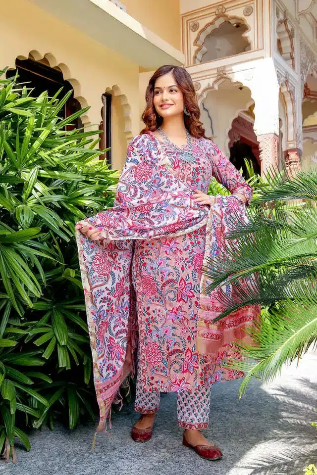 Viscose Rayon Printed Kurta Set for Women (Pink, XL)