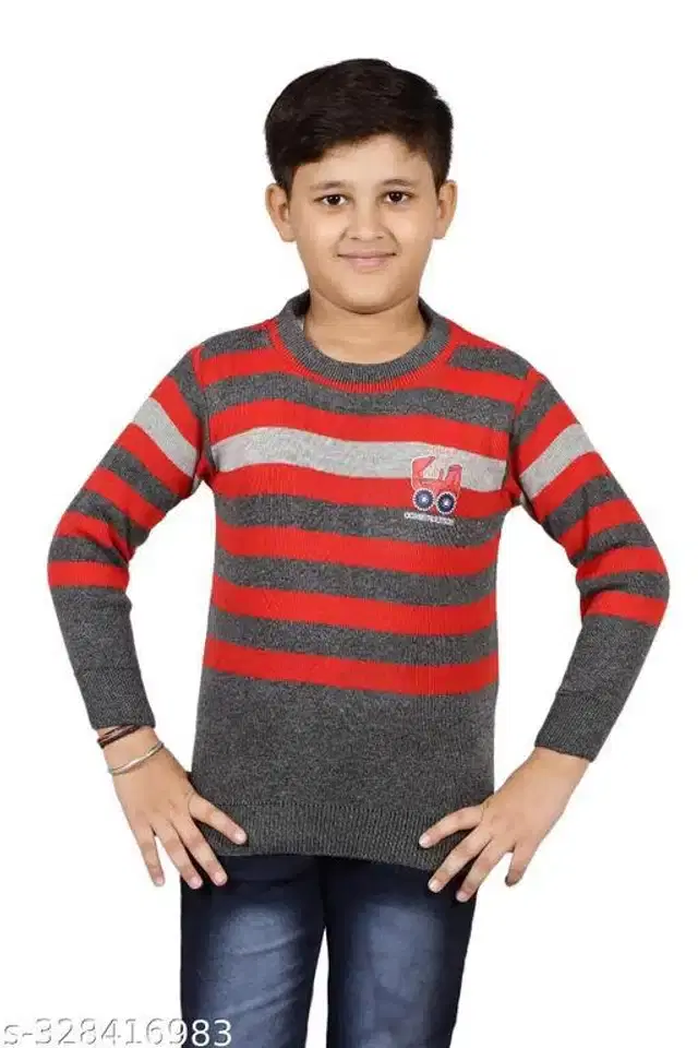 Woolen Full Sleeves Round Neck Sweater for Boys (Red & Grey, 9-10 Years)