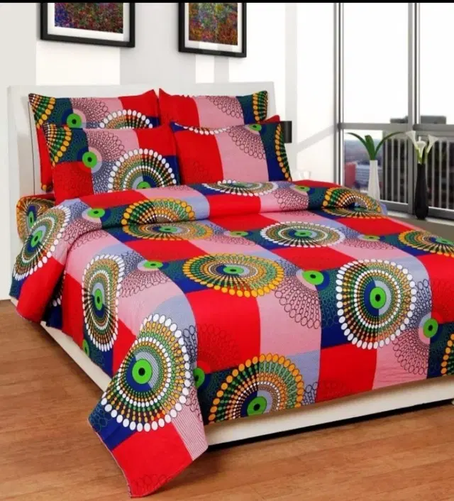 Polycotton Double Bedsheet with 2 Pillow Cover, Multicolor, 90x90 inches