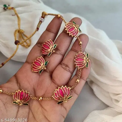 Golden Ball Advaita Enamel Lotus Short Neckpiece / Choker With Earring